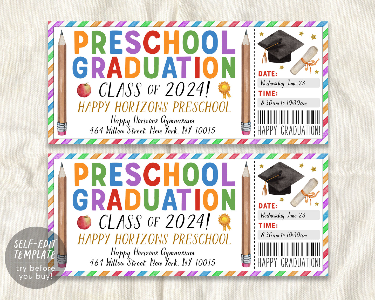 Preschool Graduation Ceremony BUNDLE Editable Template, Pre-K Kindergarten Class Graduation Certificate, Graduation Invitation Invite Evite