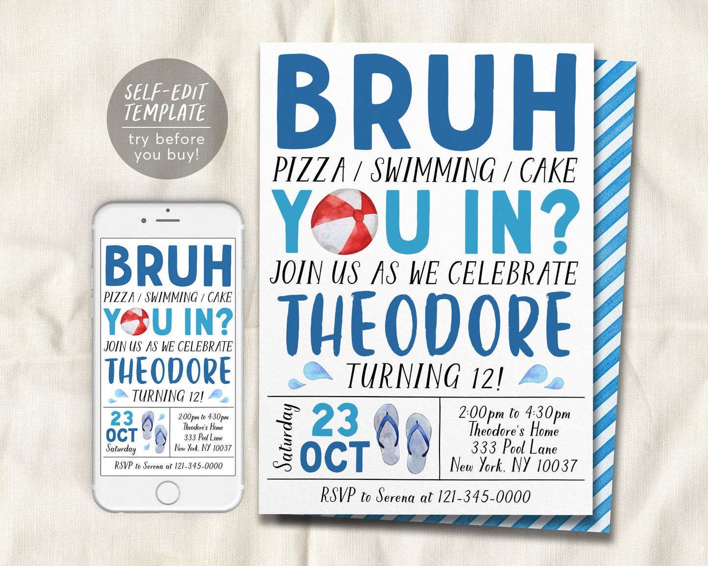 Bruh Pool Party Birthday Invitation Editable Template