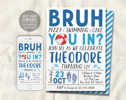 Bruh Pool Party Birthday Invitation Editable Template