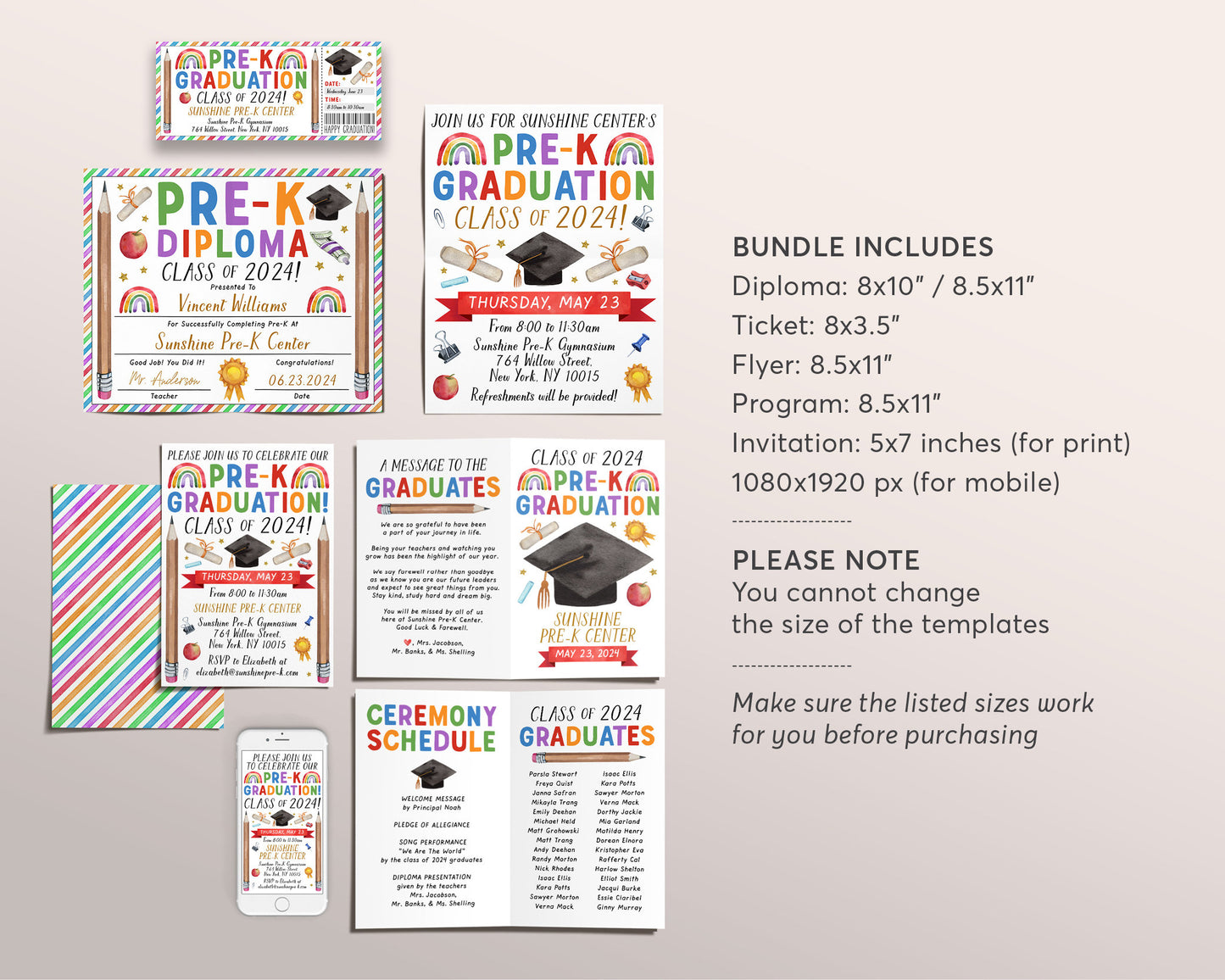 Pre-K Graduation Ceremony BUNDLE Editable Template, Preschool Kindergarten Class Graduation Certificate, Graduation Invitation Invite Evite