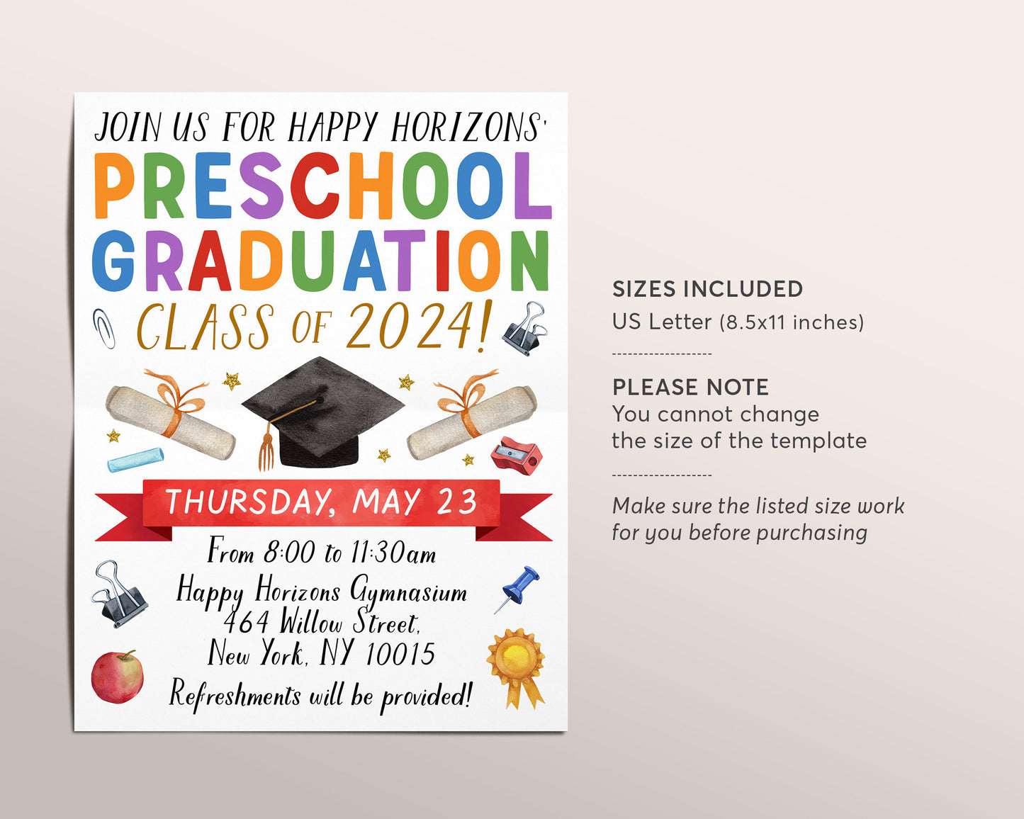 Preschool Graduation Invitation Flyer Editable Template, Pre-K Kindergarten Class Graduation Announcement, Graduation Ceremony Invite Evite