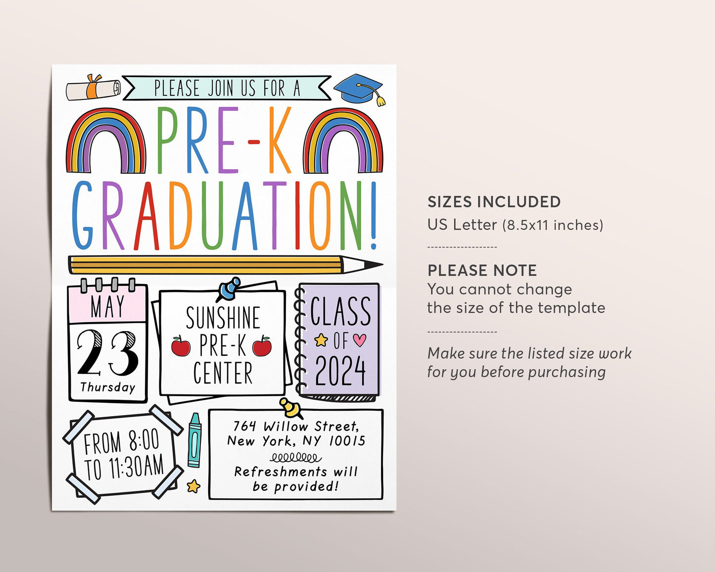 Pre-K Graduation Invitation Flyer Editable Template, PreK Kindergarten Class Graduation Announcement, Graduation Ceremony Invite Evite