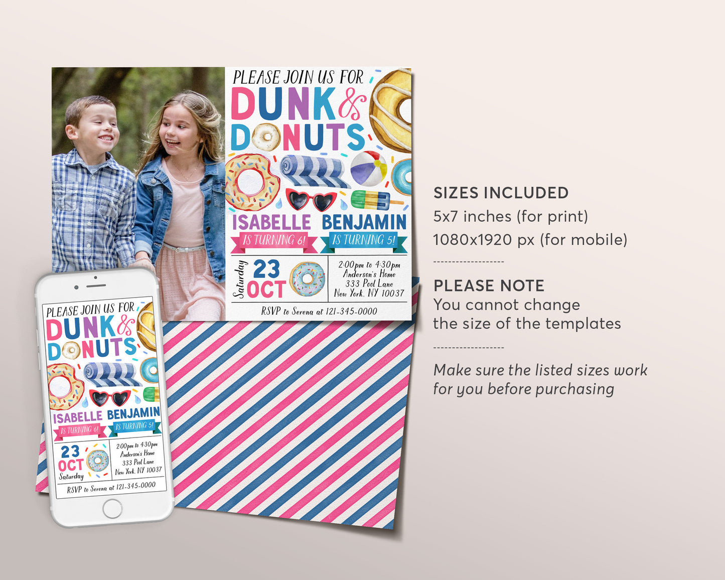 Donut Pool Party Joint Siblings Birthday Invitation With Photo Editable Template, Girl And Boy Twins Dunk and Donuts Invite, Swimming Evite