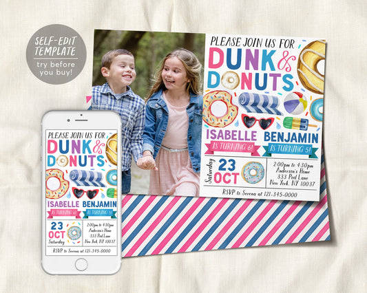 Donut Pool Party Joint Siblings Birthday Invitation With Photo Editable Template, Girl And Boy Twins Dunk and Donuts Invite, Swimming Evite