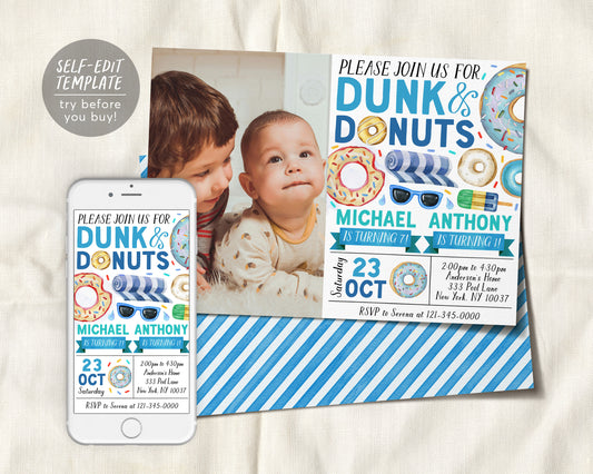 Donut Pool Party Joint Siblings Birthday Invitation With Photo Editable Template