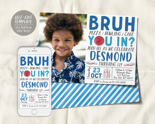 Bruh Bowling Birthday Invitation With Photo Editable Template