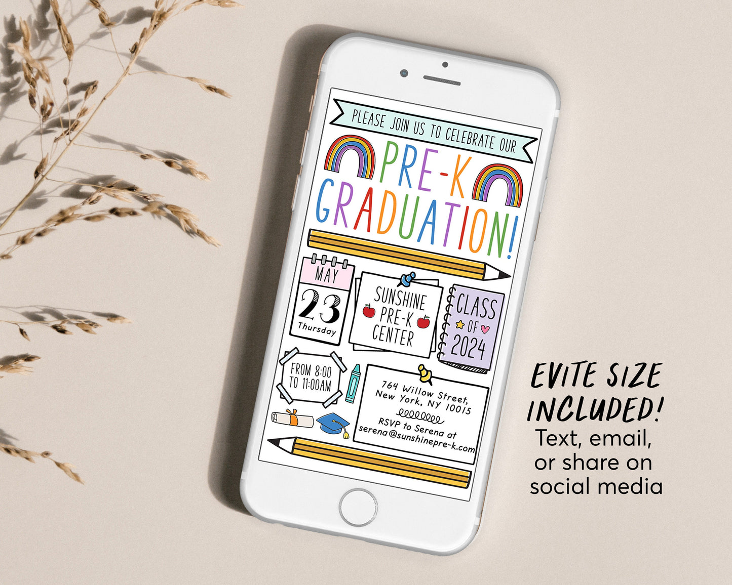 Pre-K Graduation Invitation Editable Template, Class Graduation Announcement, Watercolor Preschool Graduation Ceremony Invite Digital Evite