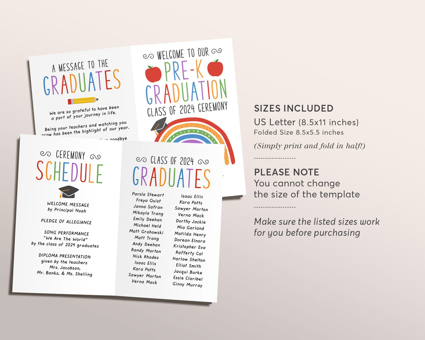 Pre-K Graduation Program Editable Template, Preschool Ceremony Program Child Care Learning Center, Pamphlet Booklet Daycare Commencement