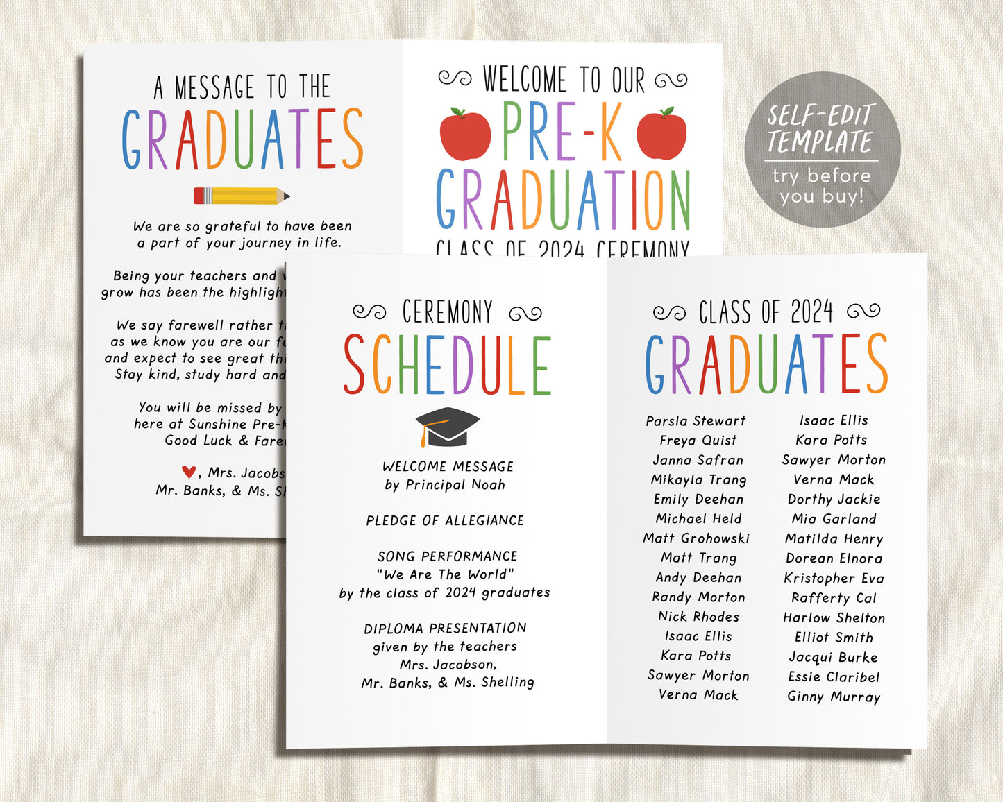 Pre-K Graduation Program Editable Template, Preschool Ceremony Program Child Care Learning Center, Pamphlet Booklet Daycare Commencement