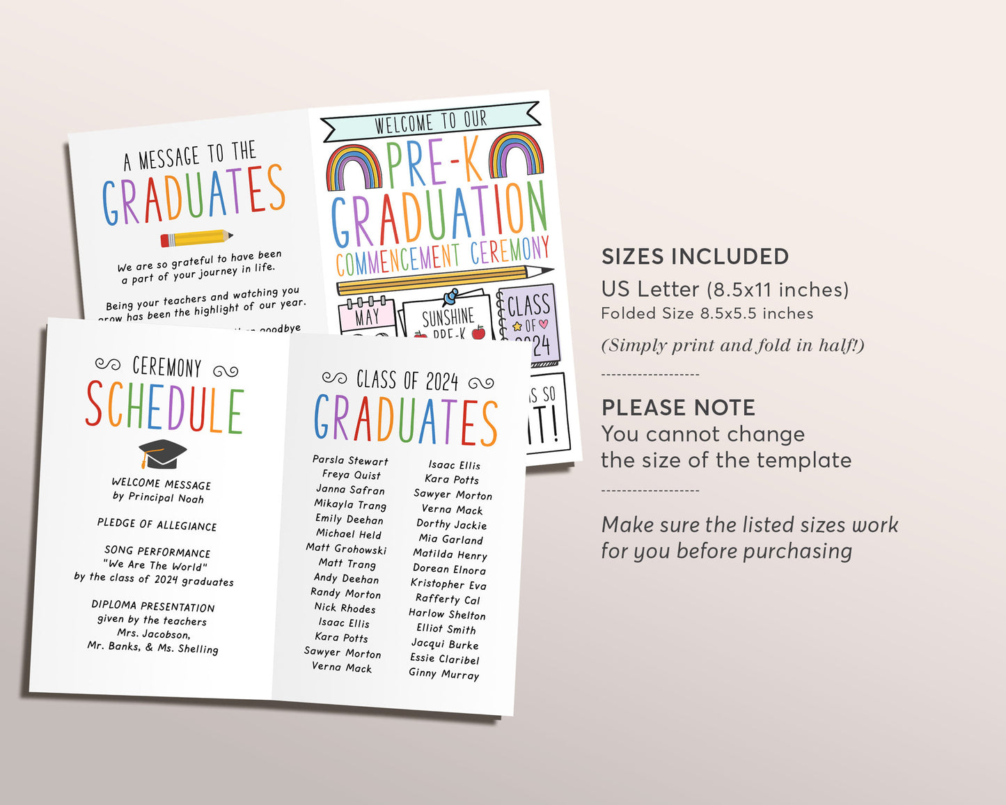 Pre-K Graduation Program Editable Template, Preschool Ceremony Program Child Care Learning Center, Pamphlet Booklet Daycare Commencement