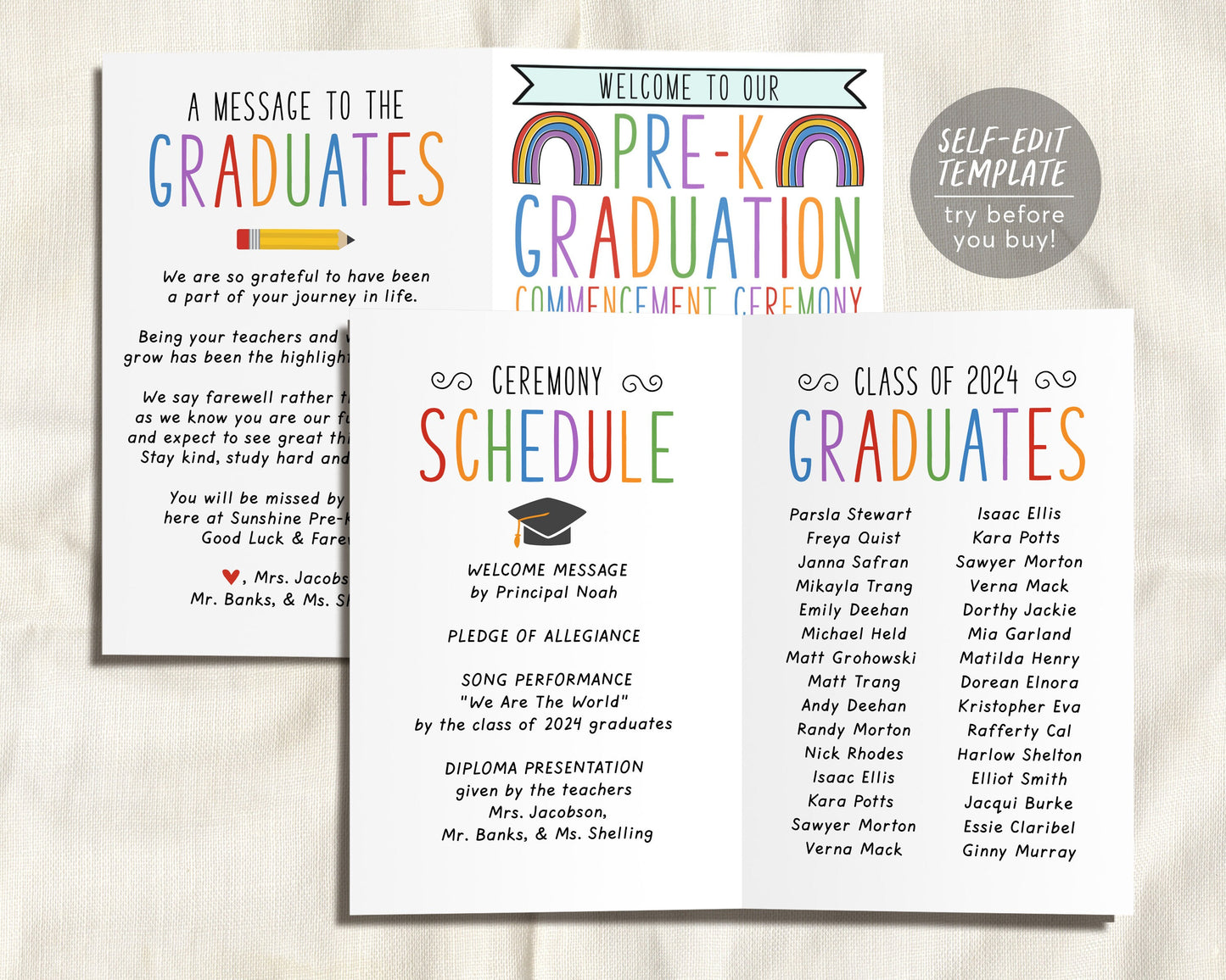 Pre-K Graduation Program Editable Template, Preschool Ceremony Program Child Care Learning Center, Pamphlet Booklet Daycare Commencement