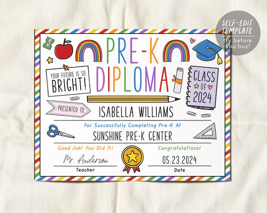 Pre-K Graduation Diploma Editable Template