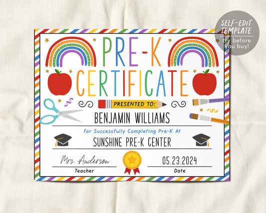 Pre-K Graduation Diploma Editable Template