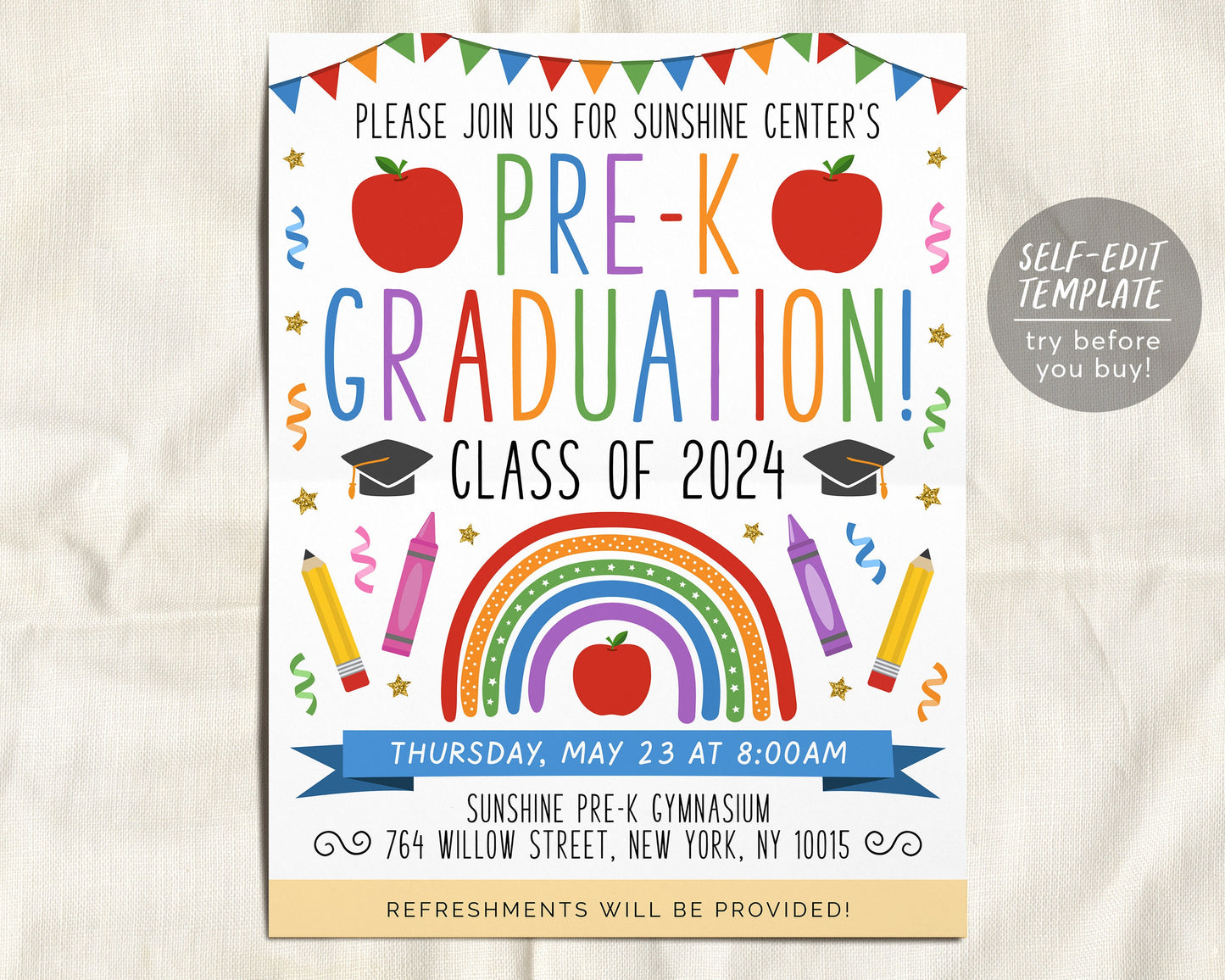 Pre-K Graduation Ceremony BUNDLE Editable Template, Preschool Kindergarten Class Graduation Certificate, Graduation Invitation Invite Evite