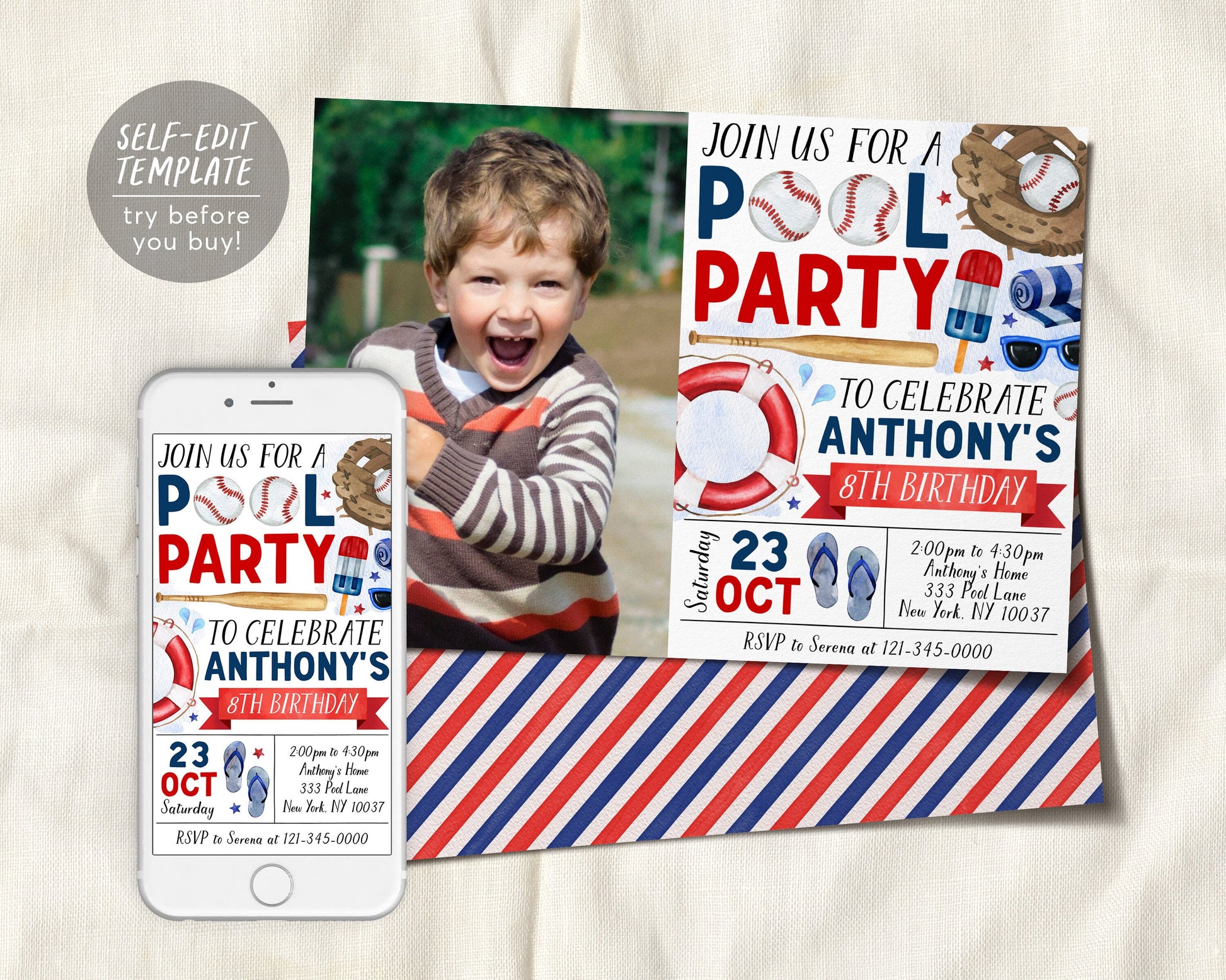 Baseball Pool Party Birthday Invitation With Photo Editable Template