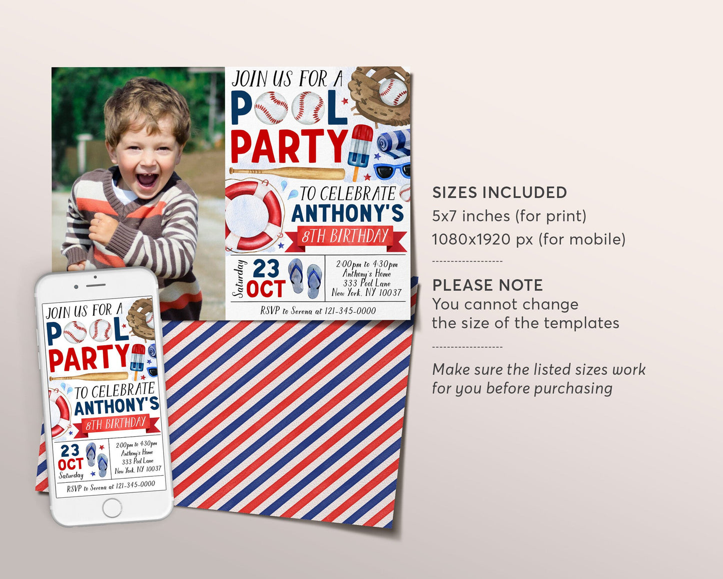 Baseball Pool Party Birthday Invitation With Photo Editable Template, Summer All Star Sports Summer Party Invite, Boy Swimming Pool Evite