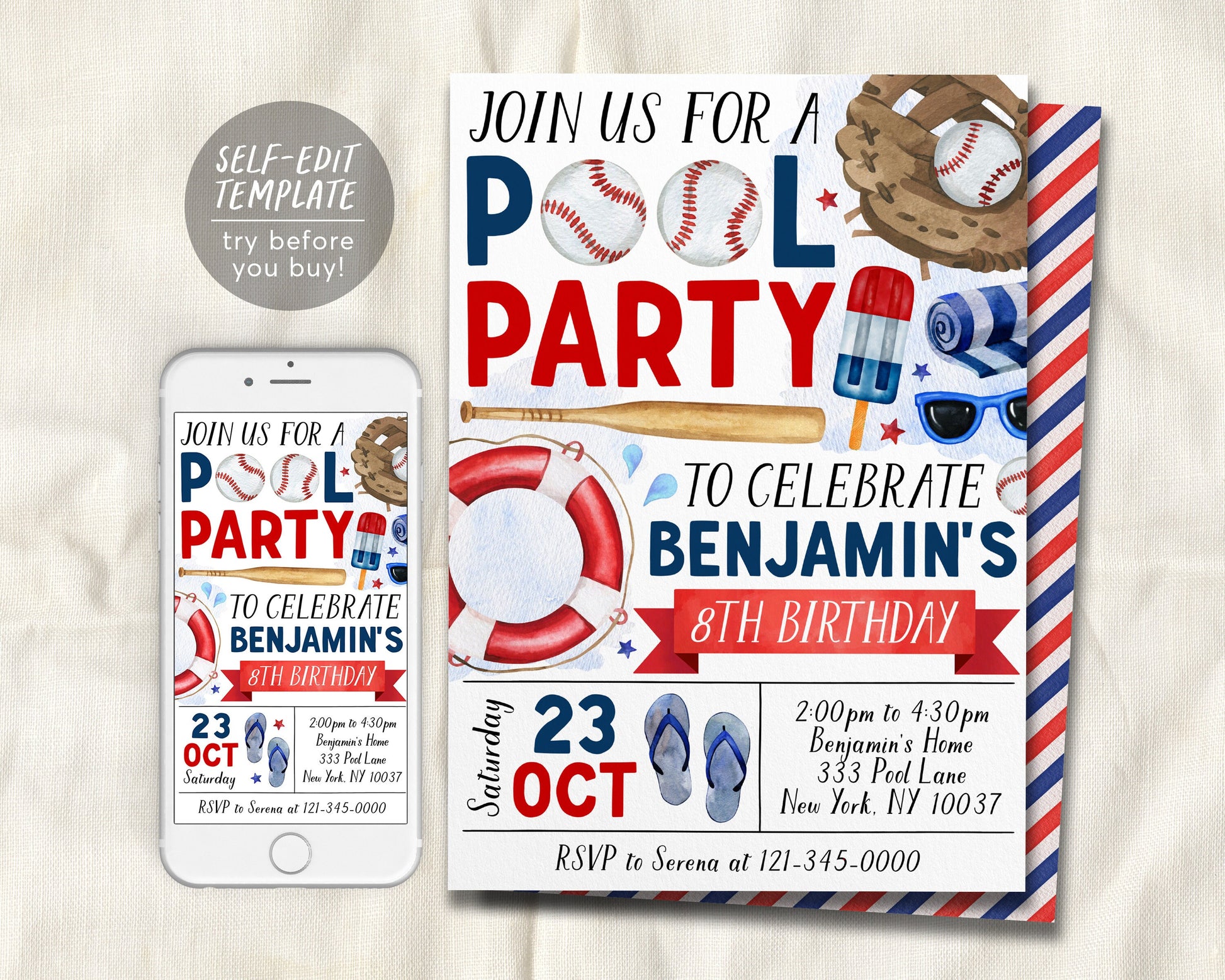 Baseball Pool Party Birthday Invitation Editable Template