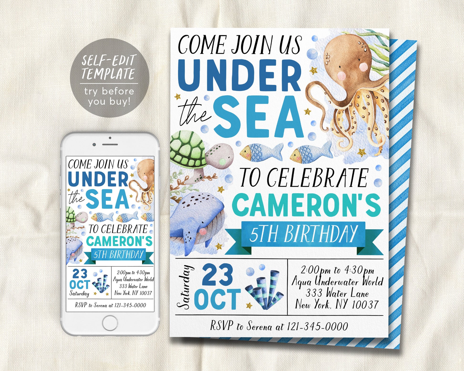 Under The Sea Birthday Invitation Editable Template