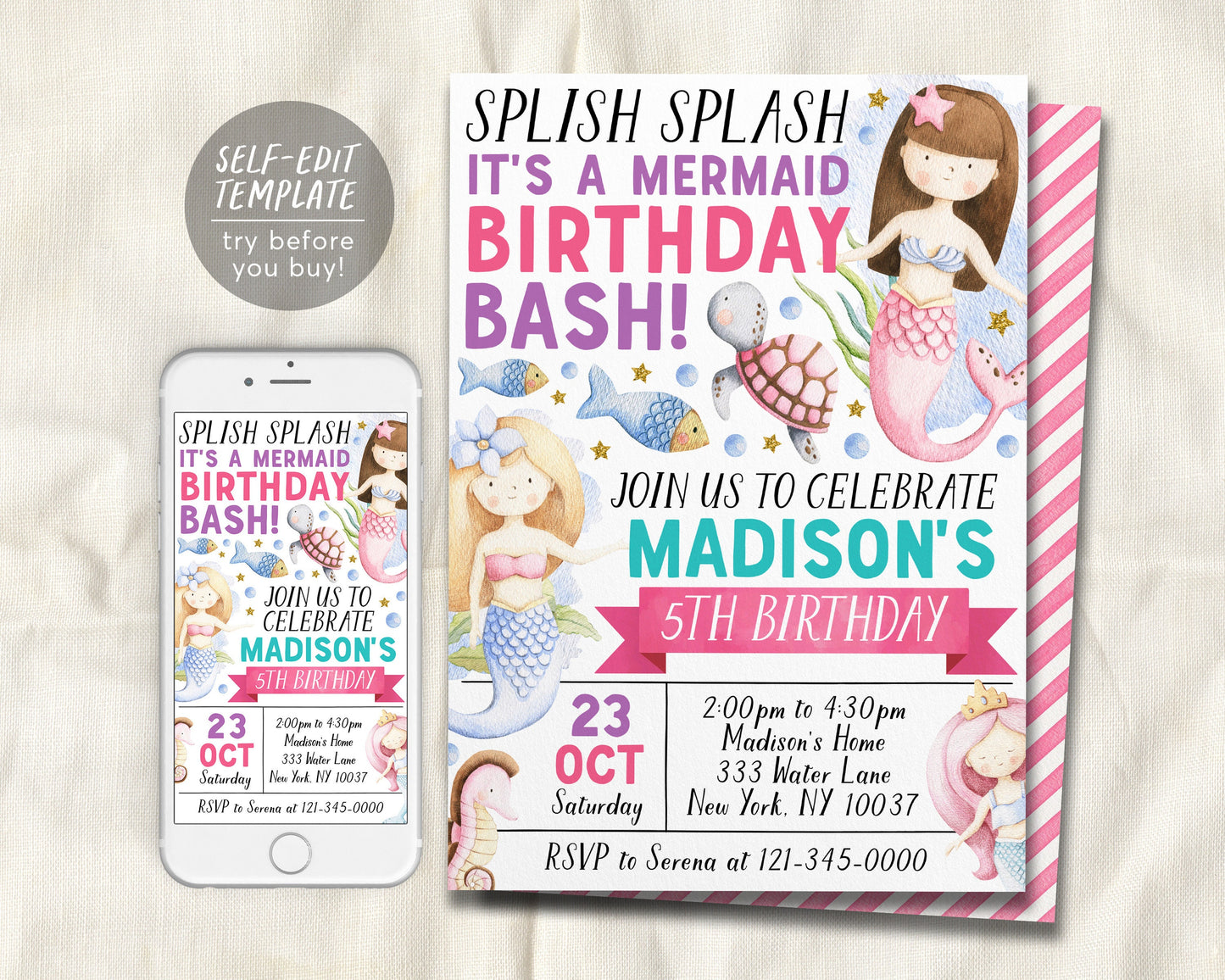 Mermaid Pool Party Birthday Invitation Editable Template