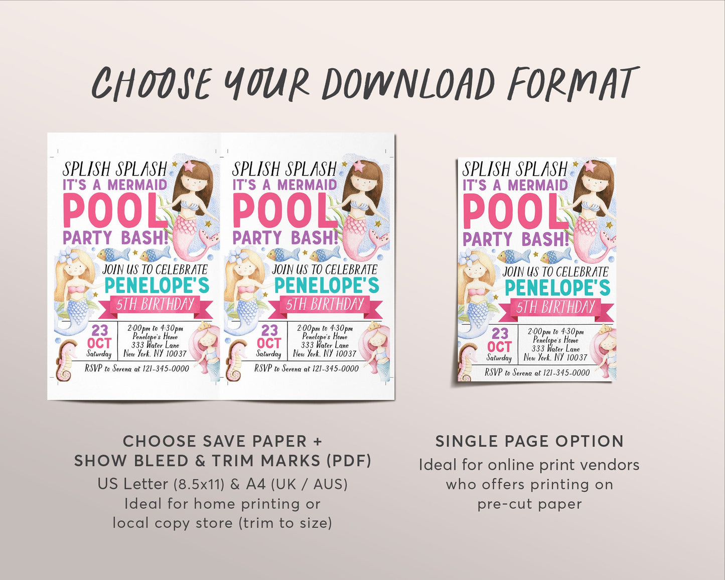 Mermaid Pool Party Birthday Invitation Editable Template, Under The Sea Mermaid Party Invite, Splish Splash Ocean Sea Life Underwater Evite