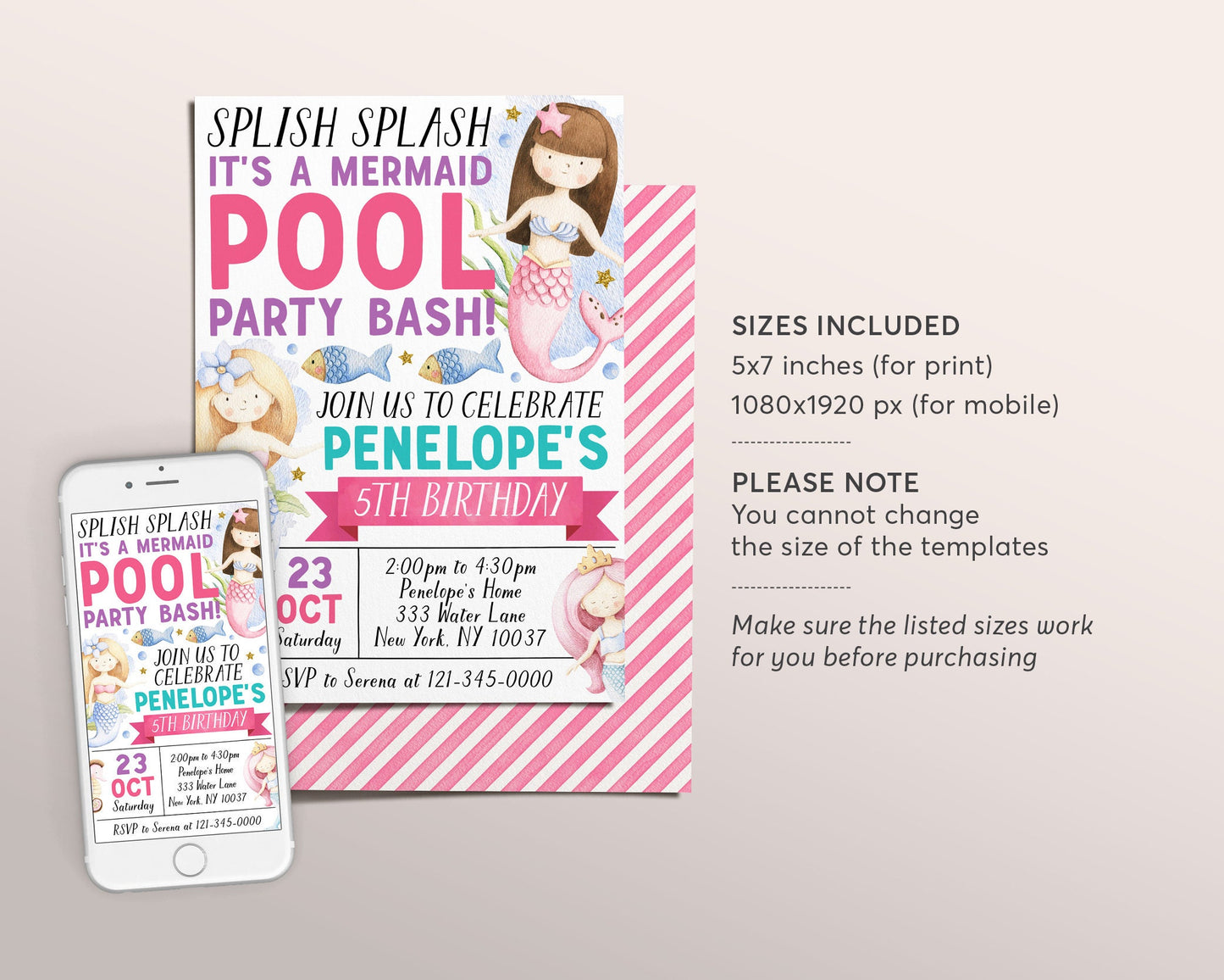 Mermaid Pool Party Birthday Invitation Editable Template, Under The Sea Mermaid Party Invite, Splish Splash Ocean Sea Life Underwater Evite