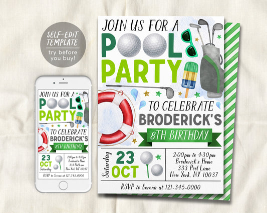 Golf Pool Party Birthday Invitation Editable Template