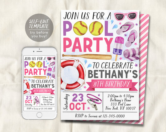 Softball Pool Party Birthday Invitation Editable Template