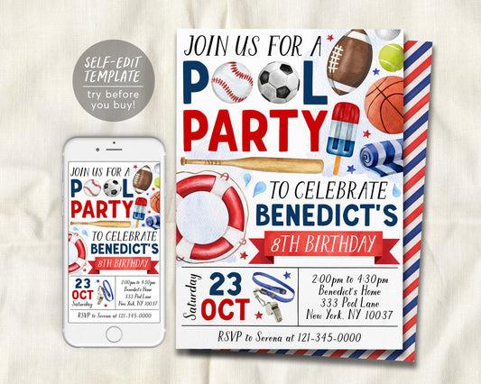 Sports Pool Party Birthday Invitation Editable Template