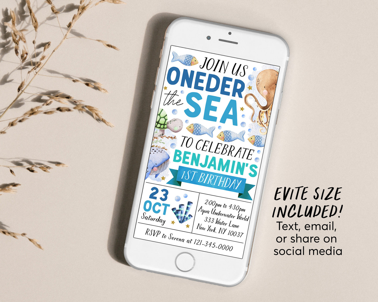 Oneder The Sea First Birthday Invitation Editable Template, Boy Unisex Under The Sea 1st Birthday Party Invite, Aquarium Trip Sea Evite