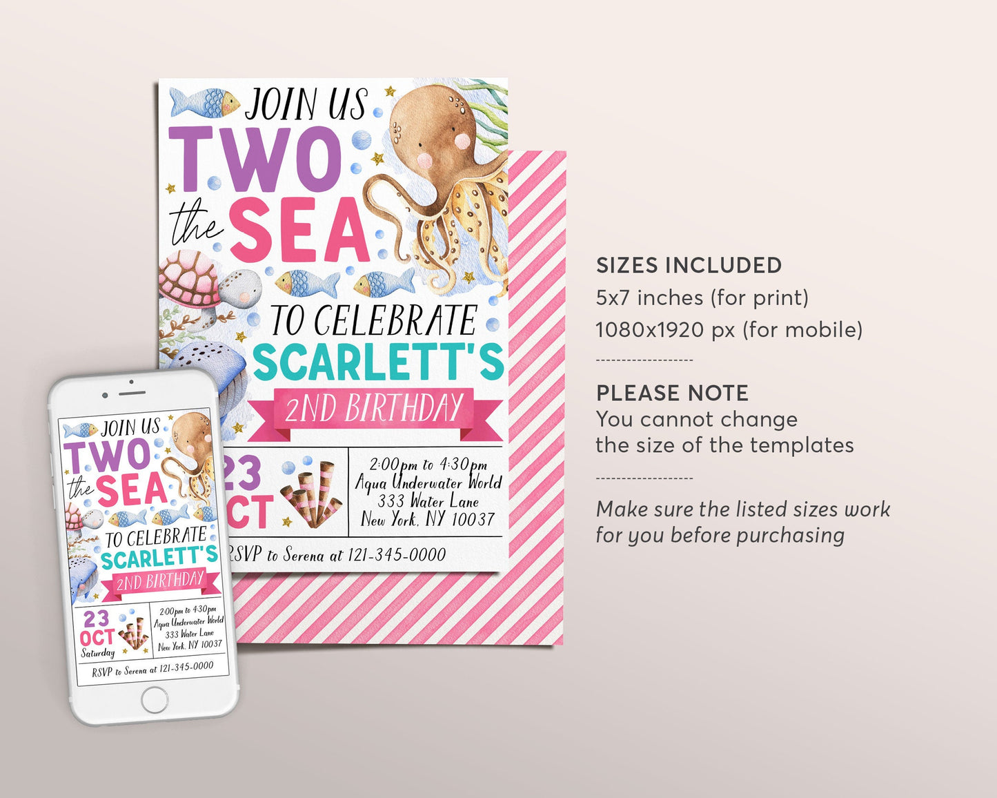 Two The Sea Second Birthday Invitation Editable Template, Girl Pink Under The Sea 2nd Birthday Party Invite, Aquarium Trip Ocean Evite