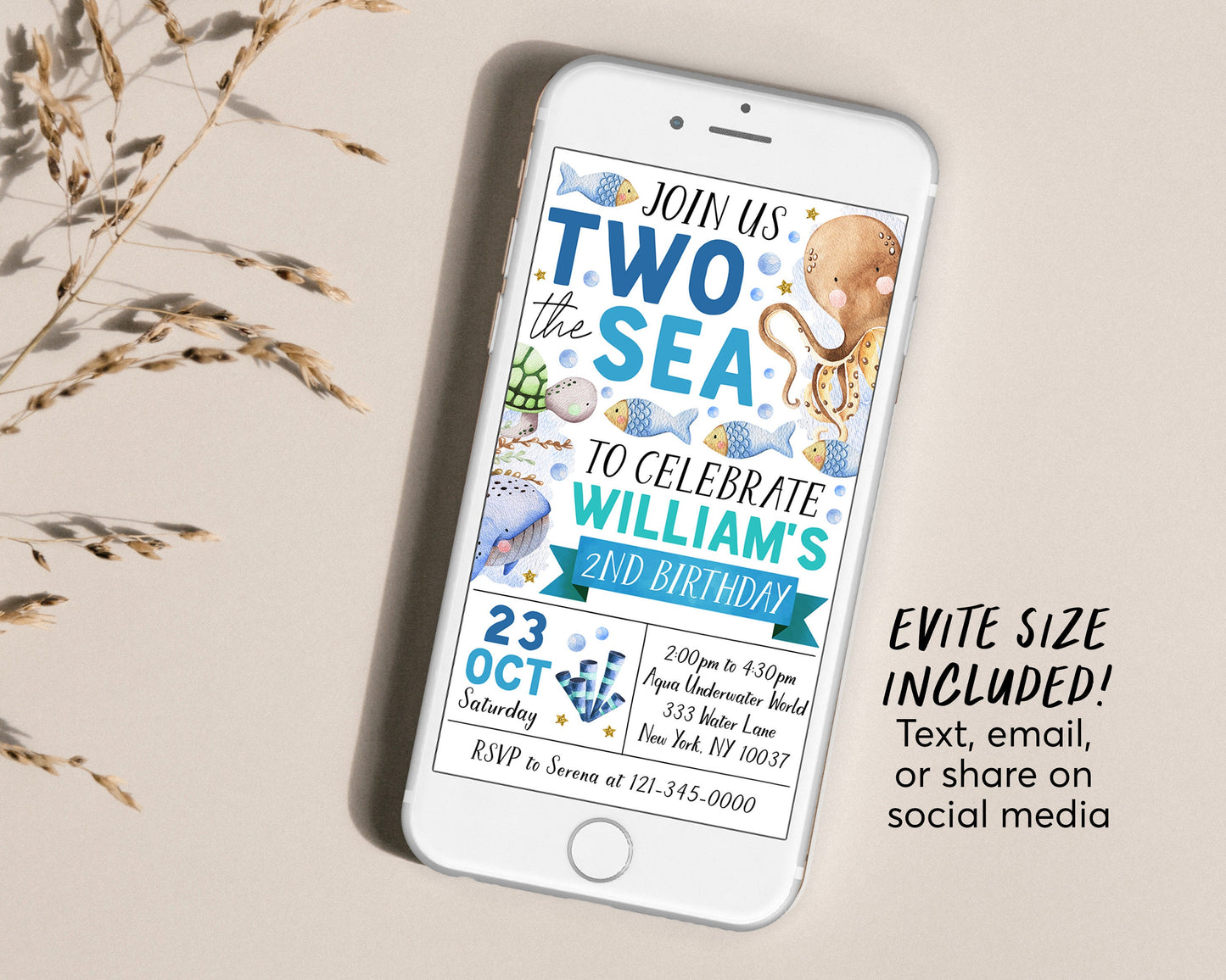 Two The Sea Second Birthday Invitation Editable Template, Boy Unisex Under The Sea 2nd Birthday Party Invite, Aquarium Trip Ocean Evite