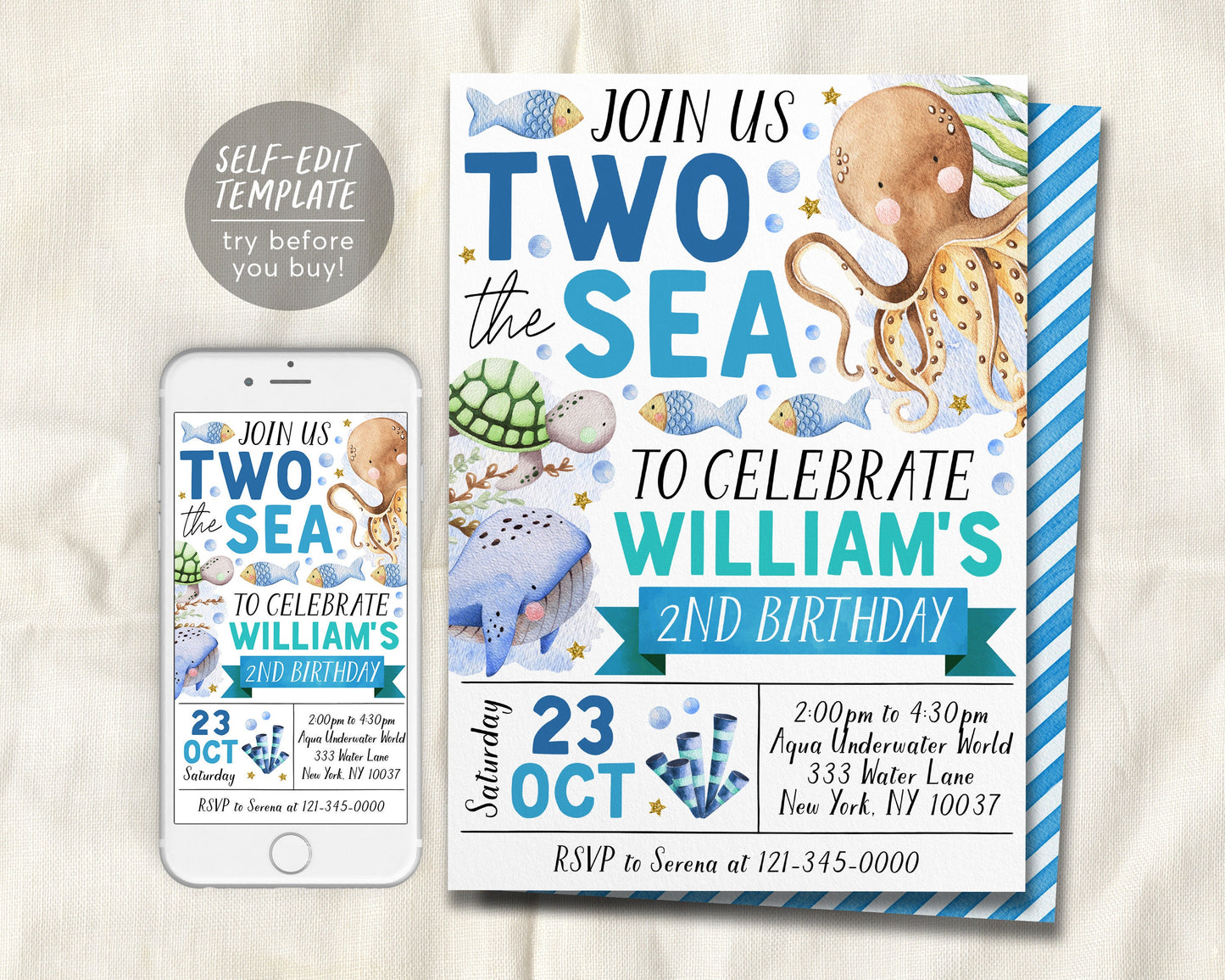 Two The Sea Second Birthday Invitation Editable Template