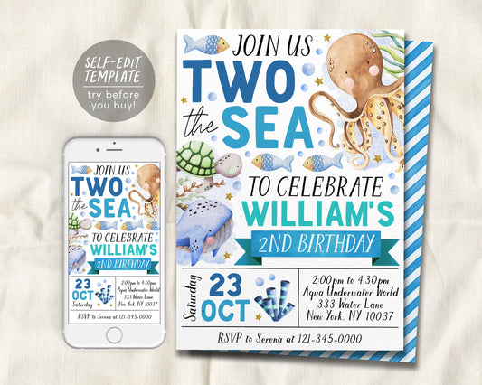 Two The Sea Second Birthday Invitation Editable Template