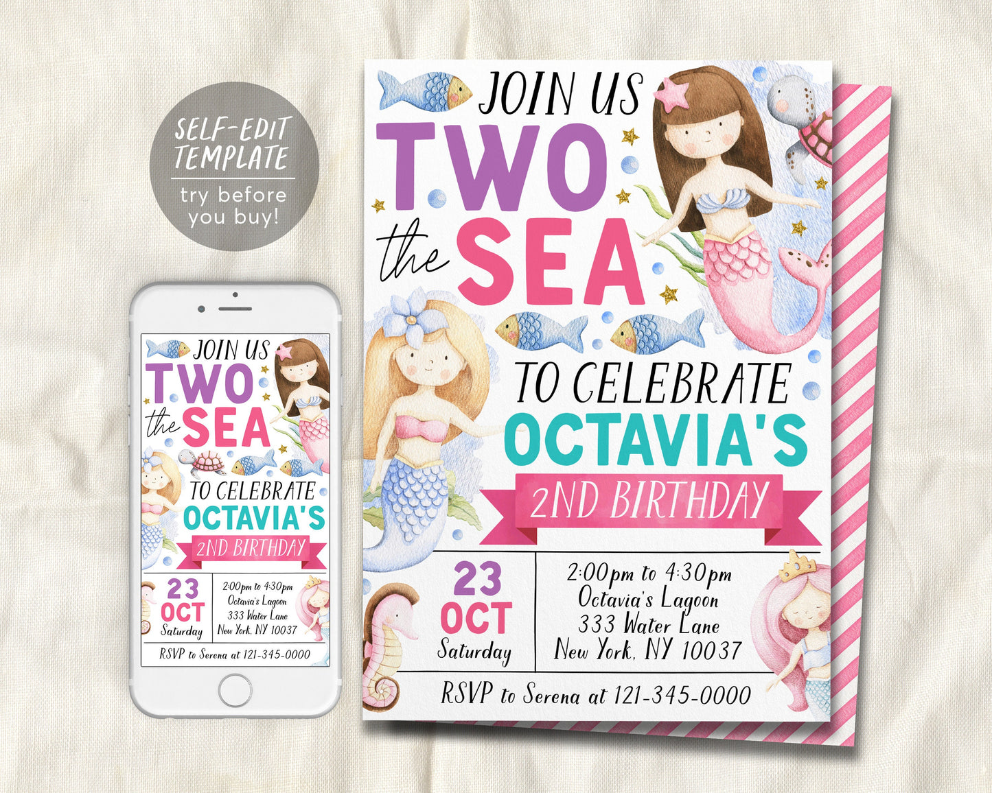 Two The Sea Mermaid Second Birthday Invitation Editable Template