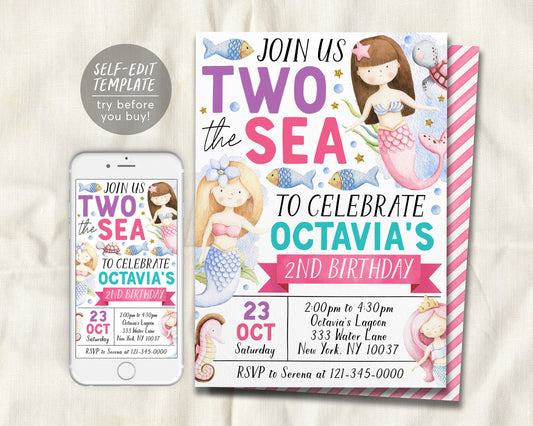 Two The Sea Mermaid Second Birthday Invitation Editable Template