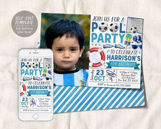 Soccer Pool Party Birthday Invitation With Photo Editable Template