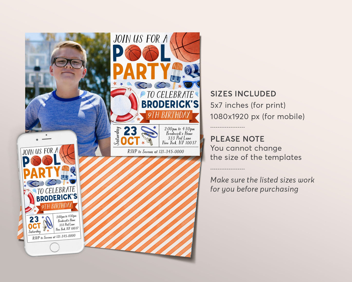 Basketball Pool Party Birthday Invitation With Photo Editable Template, Summer Sports Basketball Backyard Party Invite, Swimming Pool Evite