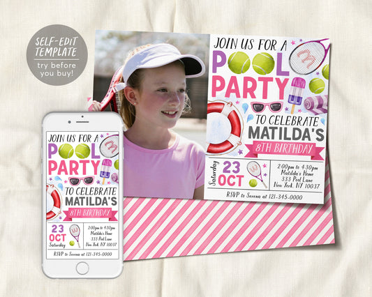 Tennis Pool Party Birthday Invitation With Photo Editable Template