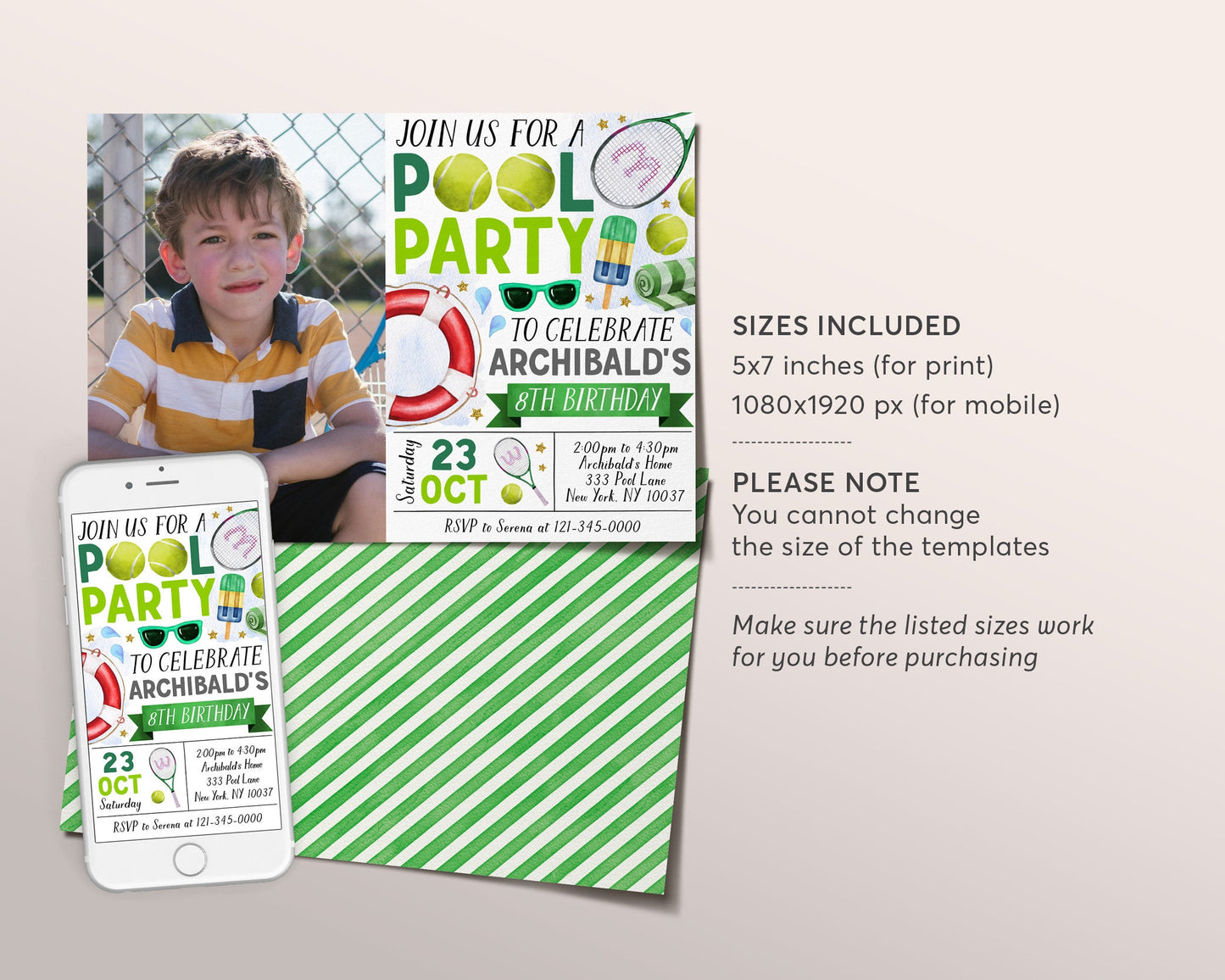 Tennis Pool Party Birthday Invitation With Photo Editable Template, Summer Sports Basketball Backyard Party Invite, Boy Swimming Pool Evite