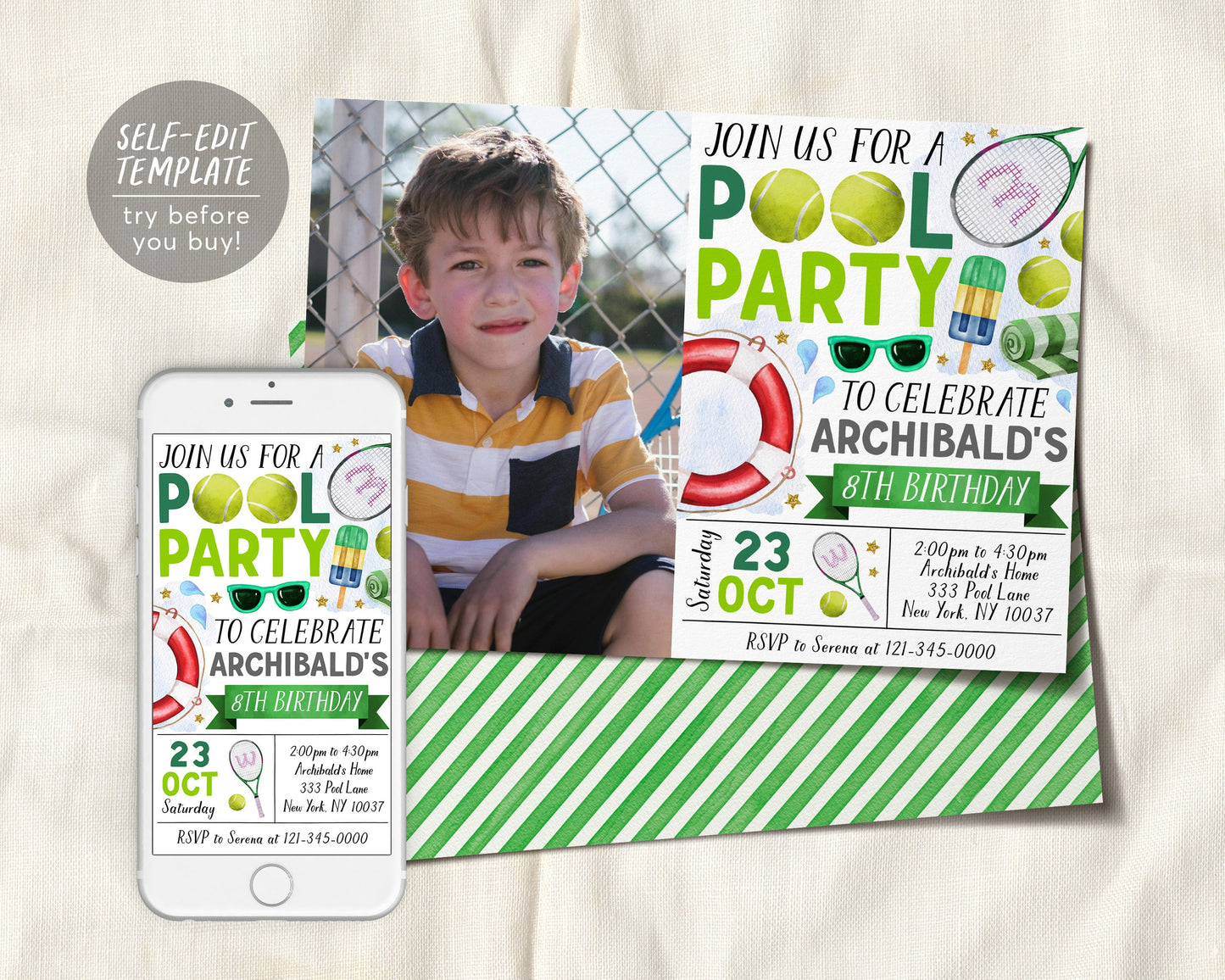 Tennis Pool Party Birthday Invitation With Photo Editable Template