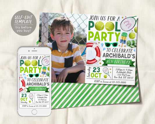 Tennis Pool Party Birthday Invitation With Photo Editable Template