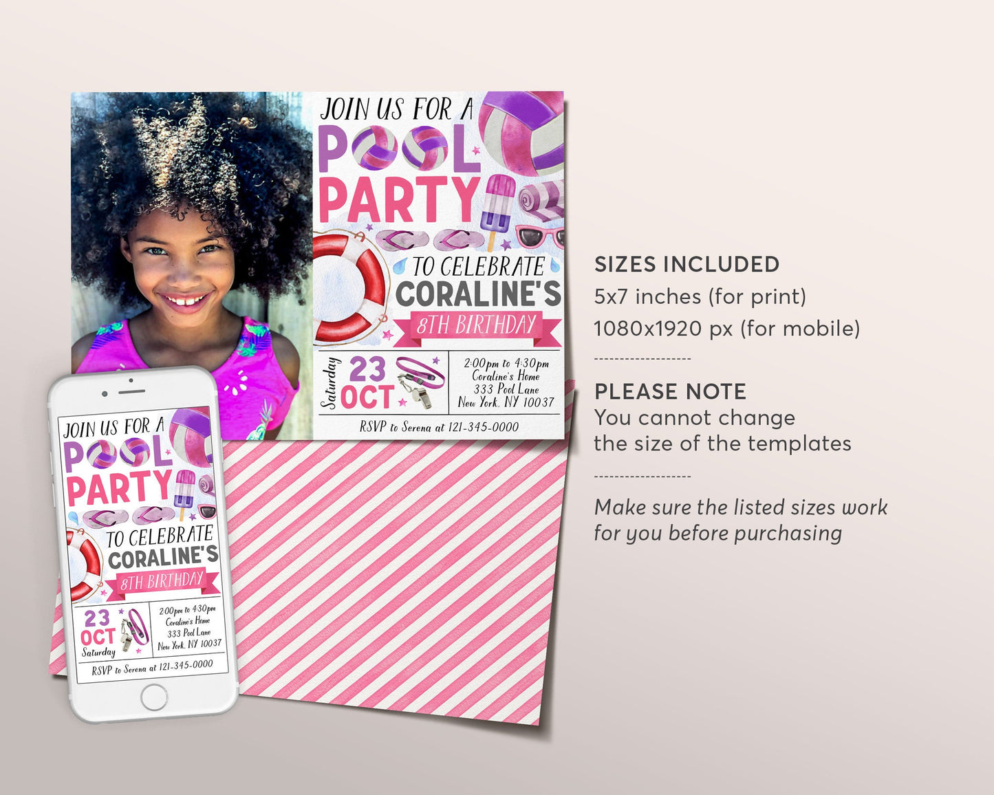 Volleyball Pool Party Birthday Invitation With Photo Editable Template, Summer Sports Volleyball Backyard Party Invite, Swimming Pool Evite