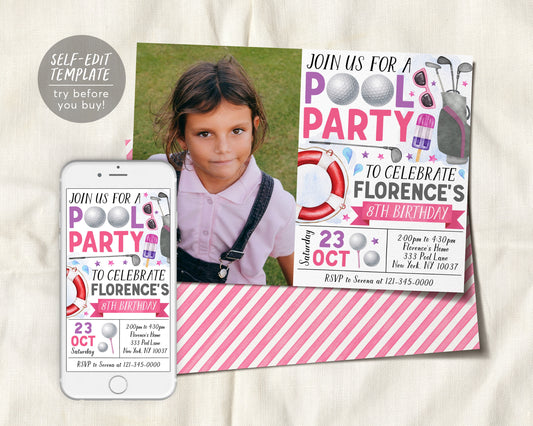 Golf Pool Party Birthday Invitation With Photo Editable Template