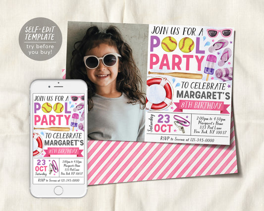 Softball Pool Party Birthday Invitation With Photo Editable Template