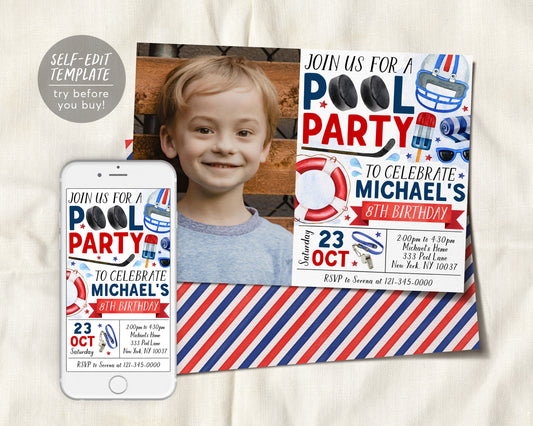 Hockey Pool Party Birthday Invitation With Photo Editable Template