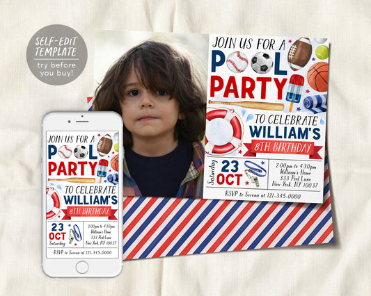 Sports Pool Party Birthday Invitation With Photo Editable Template