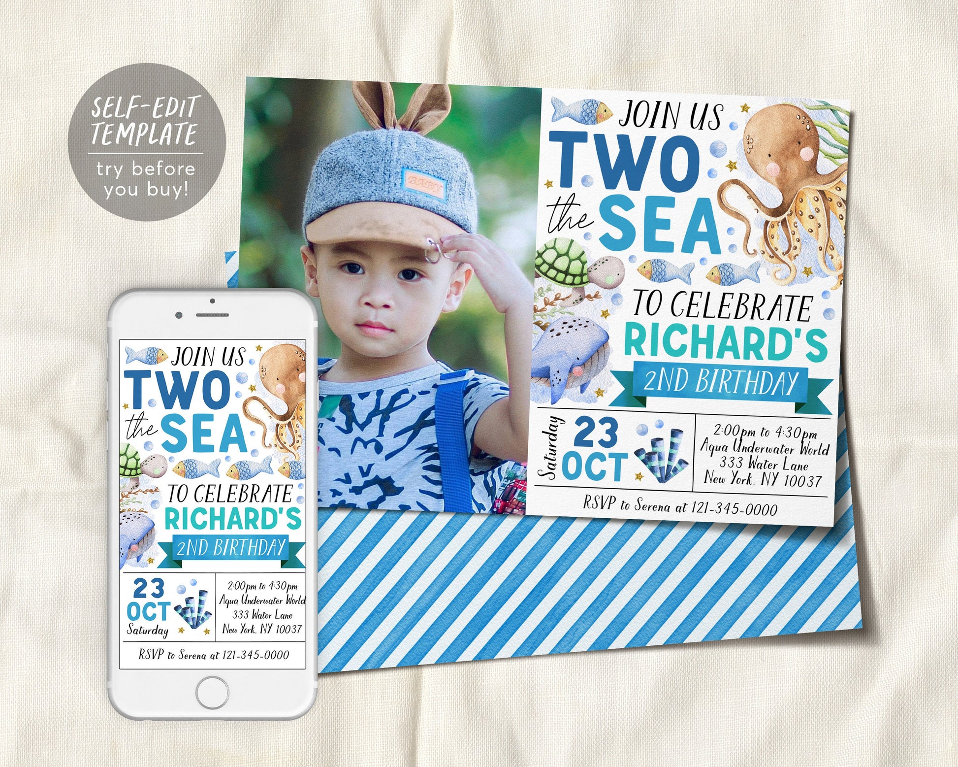 Two The Sea Second Birthday Invitation With Photo Editable Template