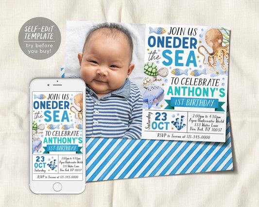 Oneder The Sea First Birthday Invitation With Photo Editable Template