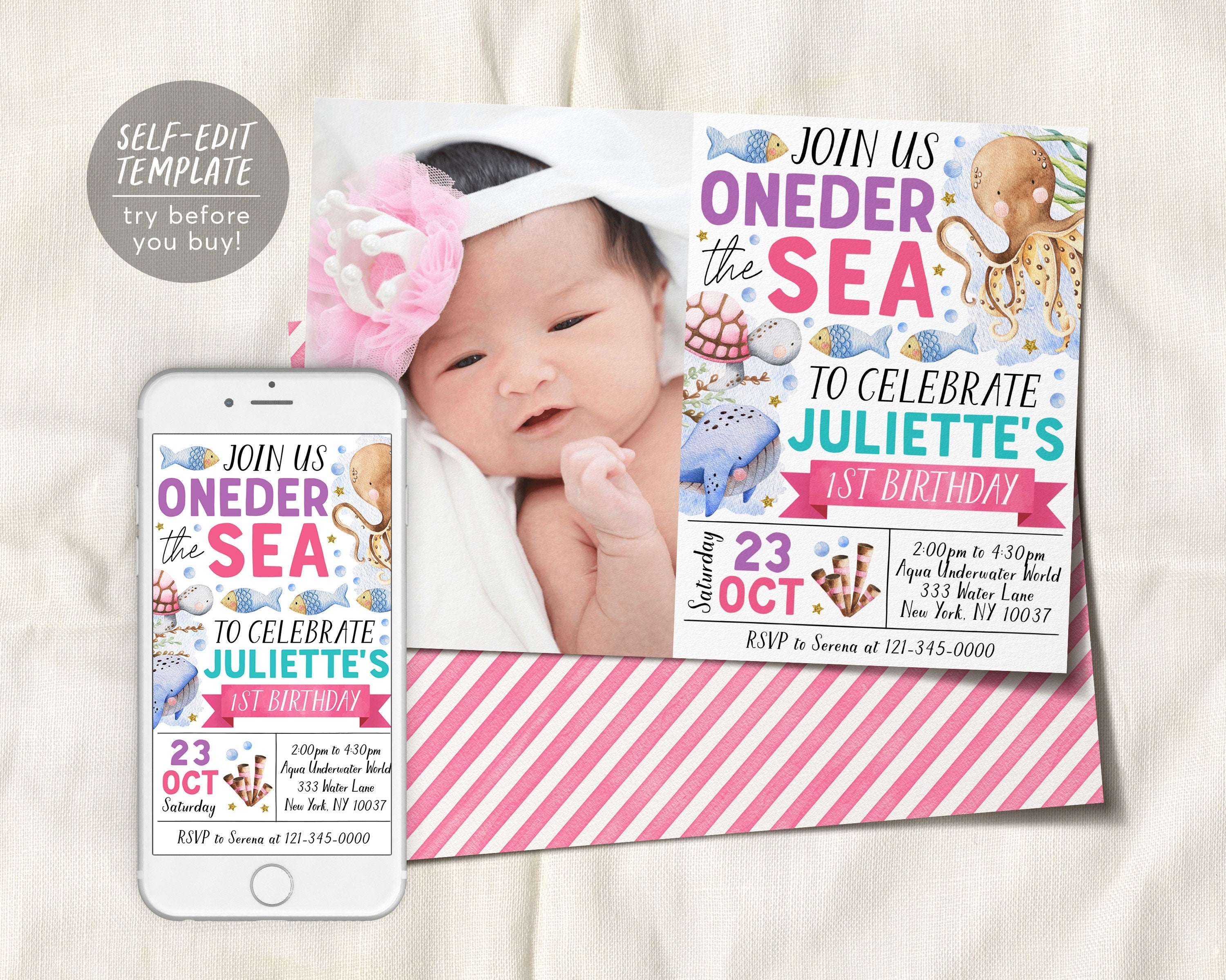 【(*^^*)】 Oneder The Sea First Birthday Invitation With Photo Editable
