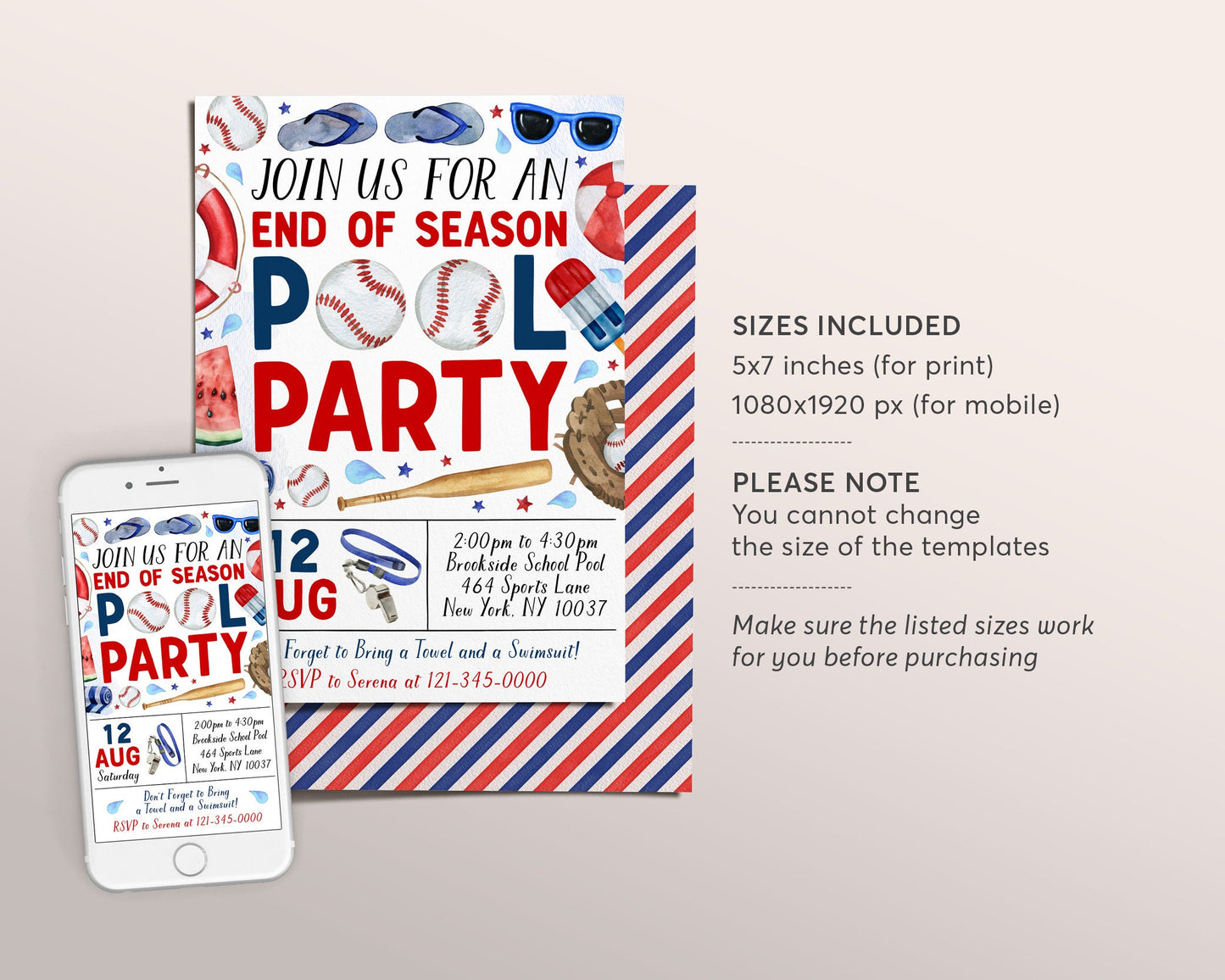 Baseball Pool Party Invitation Editable Template, Baseball End of Season Sports Team Pool Bash Invite, Backyard Team Party Cookout BBQ Evite